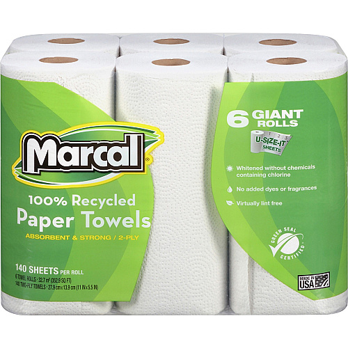 Marcal 100% Recycled Giant Roll Paper Towels 2 Ply - 140 Sheets/Roll - White - 6 Rolls Per Container - 6 / Pack (6181)