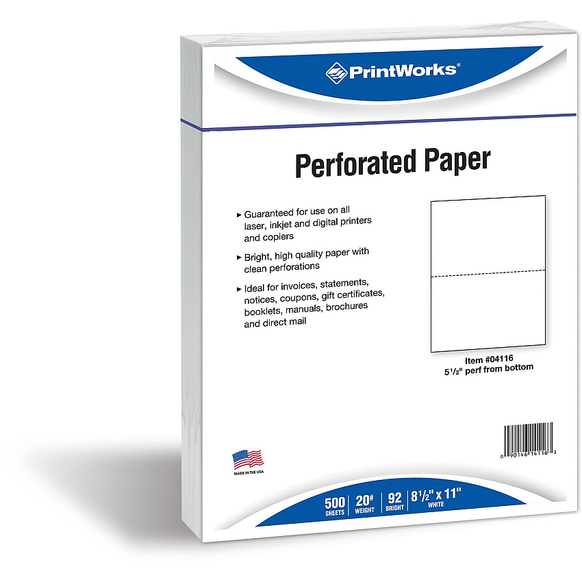 PrintWorks Professional Pre-Perforated Paper for Statements, Tax Forms, Bulletins, Planners & More Letter - 8 1/2" x 11" - 20 lb Basis Weight - Sustainable Forestry Initiative (SFI) - Perforated - White - 500 / Ream (04116)