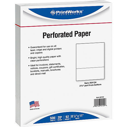 PrintWorks Professional Pre-Perforated Paper for Invoices, Statements, Gift Certificates & More Letter - 8 1/2" x 11" - 20 lb Basis Weight - Smooth - Sustainable Forestry Initiative (SFI) - Perforated - White - 500 / Ream (04124)