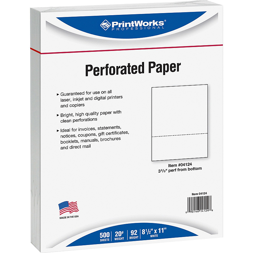 PrintWorks Professional Pre-Perforated Paper for Invoices, Statements, Gift Certificates & More Letter - 8 1/2" x 11" - 20 lb Basis Weight - Smooth - Sustainable Forestry Initiative (SFI) - Perforated - White - 500 / Ream (04124)