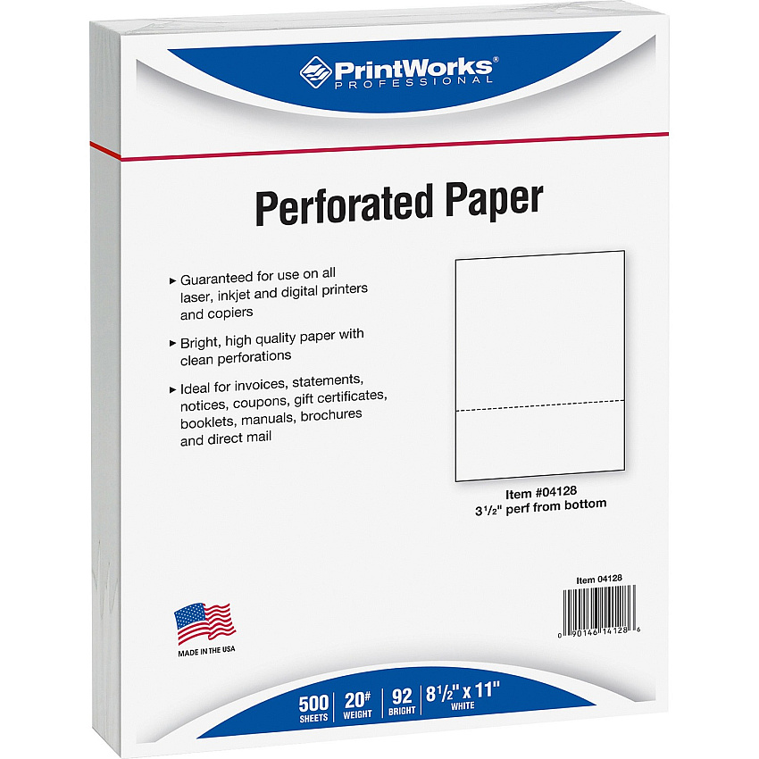 PrintWorks Professional Pre-Perforated Paper for Invoices, Statements, Gift Certificates & More Letter - 8 1/2" x 11" - 20 lb Basis Weight - Sustainable Forestry Initiative (SFI) - Perforated - White - 500 / Ream (04128)