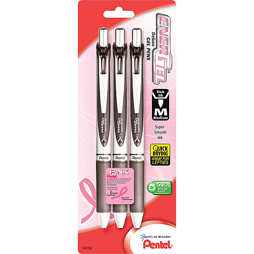 Pentel EnerGel Pink BCA Ribbon RTX Liquid Gel Pens (BL77ABP3ABC)