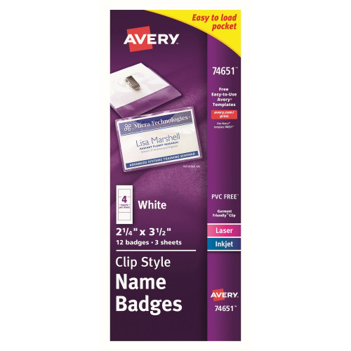 Avery Clip Style Name Badges, 2-1/4" x 3-1/2" , 12 Badges (74651)