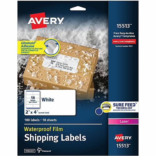 Avery&reg; 2" x 4" Labels, Ultrahold, 100 Labels Waterproof - 2" Width x 4" Length - Permanent Adhesive - Rectangle - Laser - Matte - White - Film - 10 / Sheet - 10 Total Sheets - 100 Total Label(s) - 100 Labels/Pack - 1 Carton (15513)