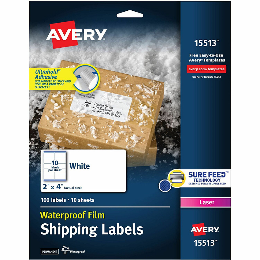 Avery&reg; 2" x 4" Labels, Ultrahold, 100 Labels Waterproof - 2" Width x 4" Length - Permanent Adhesive - Rectangle - Laser - Matte - White - Film - 10 / Sheet - 10 Total Sheets - 100 Total Label(s) - 100 Labels/Pack - 1 Carton (15513)