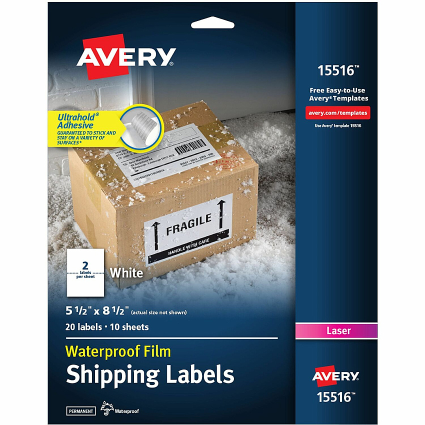 Avery&reg; 5-1/2" x 8-1/2" Labels, Ultrahold, 20 Labels Waterproof - 5 1/2" Width x 8 1/2" Length - Permanent Adhesive - Rectangle - Laser - Matte - White - Film - Permanent Adhesive, Durable, Stick & Stay, Customizable, Scuff Resistant, Tear Resi (15516)