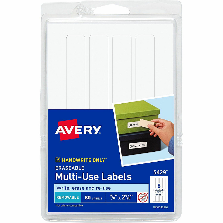 Avery&reg; Erasable Multi-Use Labels 7/8" Height x 2 7/8" Width - Removable Adhesive - Rectangle - Matte - White - Film - 8 / Sheet - 180 Total Sheets - 1440 Total Label(s) - 80/Pack - 1 Carton (05429)