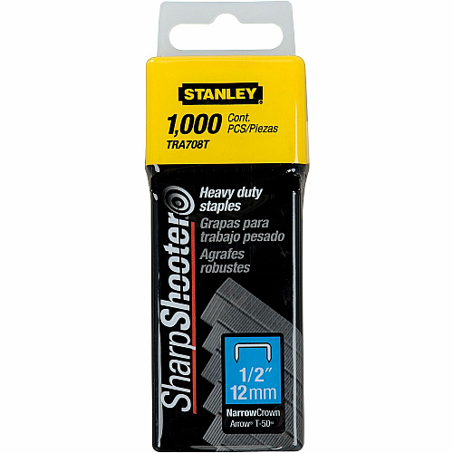 Stanley SharpShooter Heavy-Duty 1/2" Staples Heavy Duty - 1/2" - 1/2" Leg - 3/8" Crown - Silver - 5.1" Height x 1.3" Width x 1.8" Length - 1000 / Box (TRA708T)