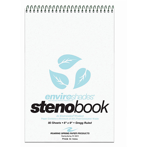 Roaring Spring Enviroshades Recycled Spiral Steno Memo Book 80 Sheets - 160 Pages - Printed - Spiral Bound - Both Side Ruling Surface - Gregg Ruled Red Margin - 15 lb Basis Weight - 56 g/m² Grammage - 9" x 6" Sheet Size - 1.25" Height x 6" Wi (12284)