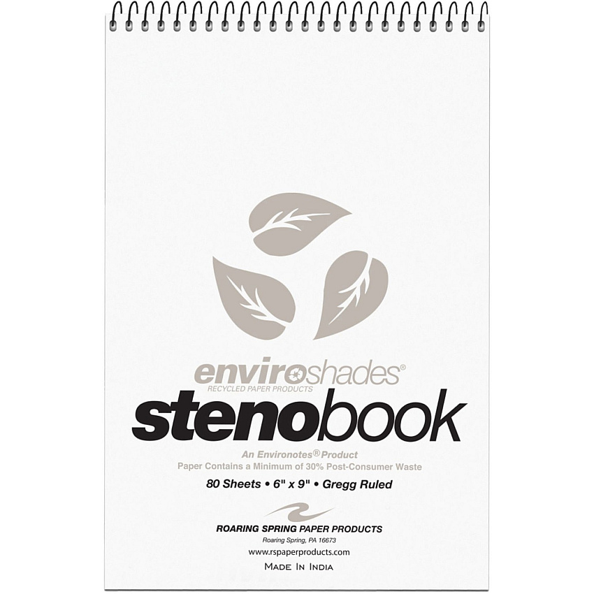 Roaring Spring Enviroshades Recycled Spiral Steno Memo Book 80 Sheets - 160 Pages - Printed - Spiral Bound - Both Side Ruling Surface - Gregg Ruled Red Margin - 15 lb Basis Weight - 56 g/m² Grammage - 9" x 6" Sheet Size - 1.25" Height x 6" Wi (12274)