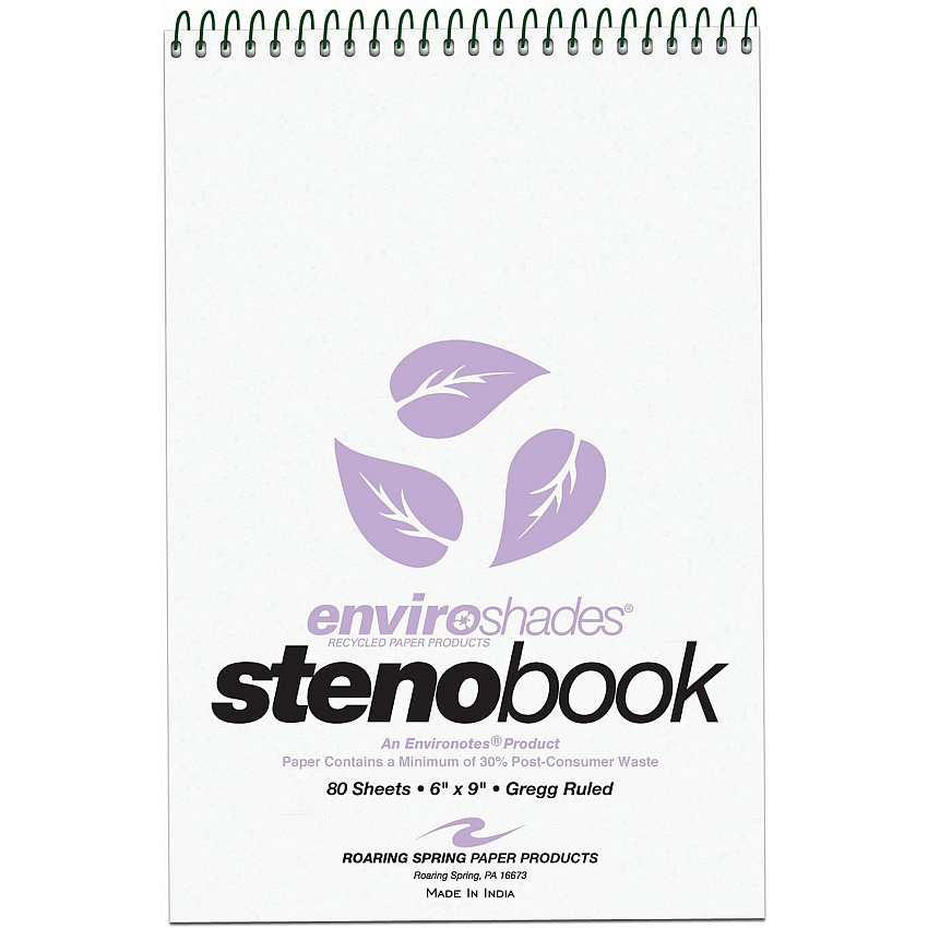 Roaring Spring Enviroshades Recycled Spiral Steno Memo Book 80 Sheets - 160 Pages - Printed - Spiral Bound - Both Side Ruling Surface - Gregg Ruled Red Margin - 15 lb Basis Weight - 56 g/m² Grammage - 9" x 6" Sheet Size - 1.25" Height x 6" Wi (12264)