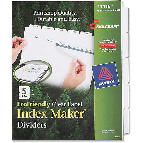 SKILCRAFT Clear Label Index Maker Dividers 5 Print-on Tab(s) - 8.5" Divider Width x 11" Divider Length - Letter - White Divider - 1 / Set (7530016006977)