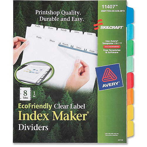 SKILCRAFT 8-Tab Clear Label Index Maker Dividers 8 Print-on Tab(s) - 8.5" Divider Width x 11" Divider Length - Letter - White Divider - 1 / Set (7530016006978)