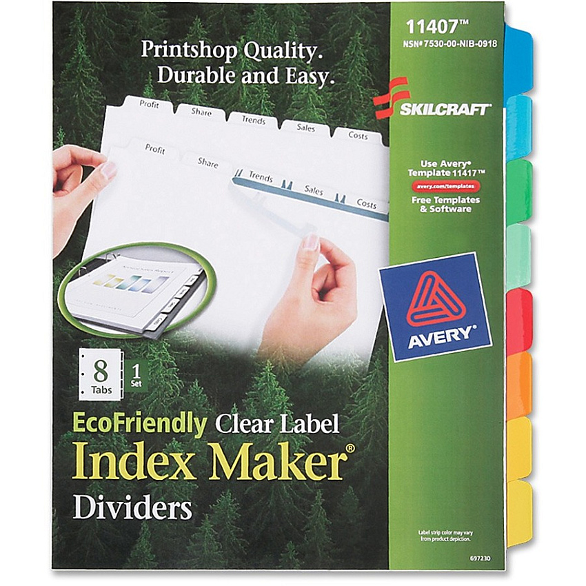 SKILCRAFT 8-Tab Clear Label Index Maker Dividers 8 Print-on Tab(s) - 8.5" Divider Width x 11" Divider Length - Letter - White Divider - 1 / Set (7530016006978)