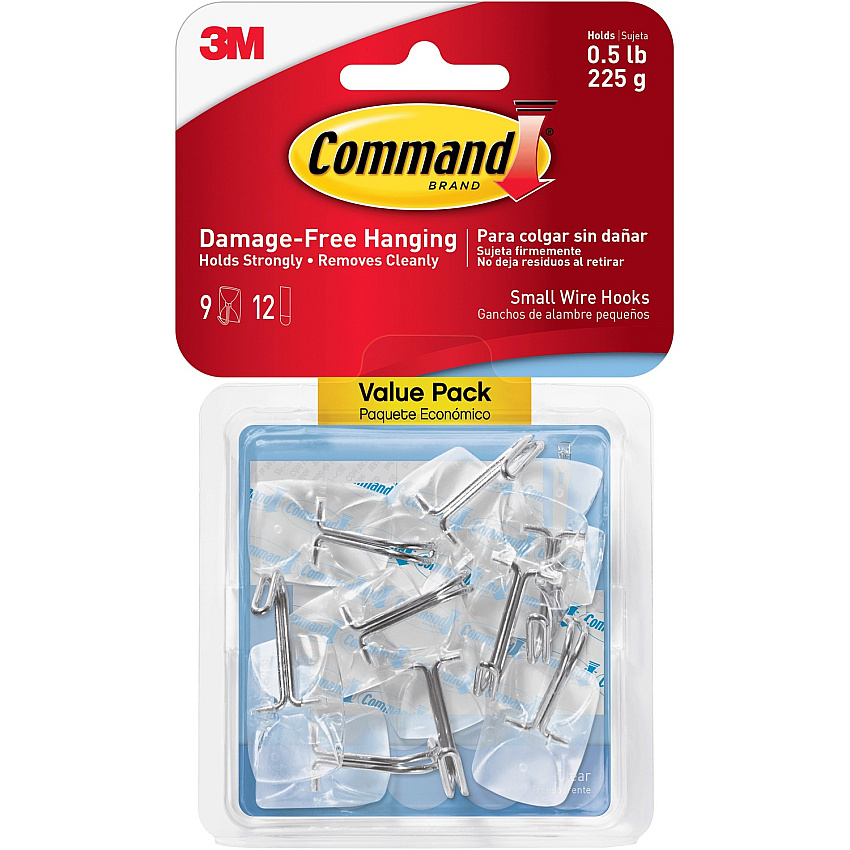 Command Small Wire Hooks 9 Small Hook - 8 oz (226.8 g) Capacity - 0.8" Width x 1.6" Length - for Utensil, Pictures, Mirror - Clear - 9 / Pack (17067CLRVP)