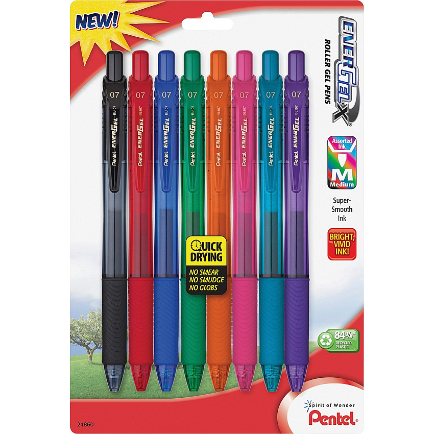 EnerGel EnerGel-X Retractable Gel Pens 0.7 mm Medium Pen Point - Refillable - Retractable - Assorted Ink - Gel-based - Assorted Barrel - Metal Tip - 8 / Pack (BL107CRBP8M)