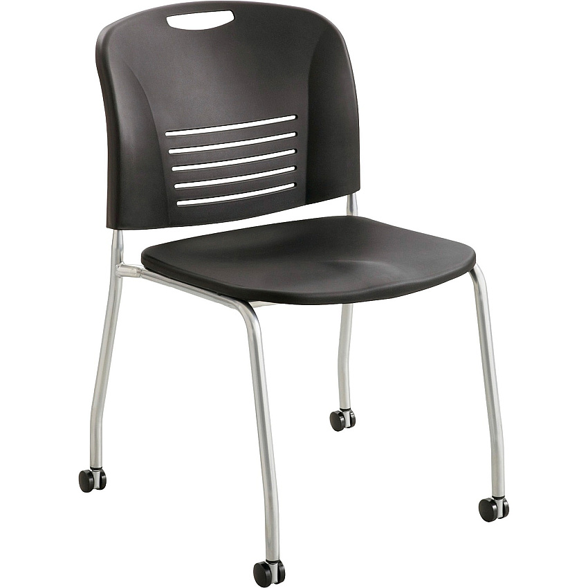 Safco Vy Straight Leg Stack Chairs with Casters Plastic Seat - Plastic Back - Powder Coated Steel Frame - Four-legged Base - Black - Polypropylene - 2 / Carton (4291BL)