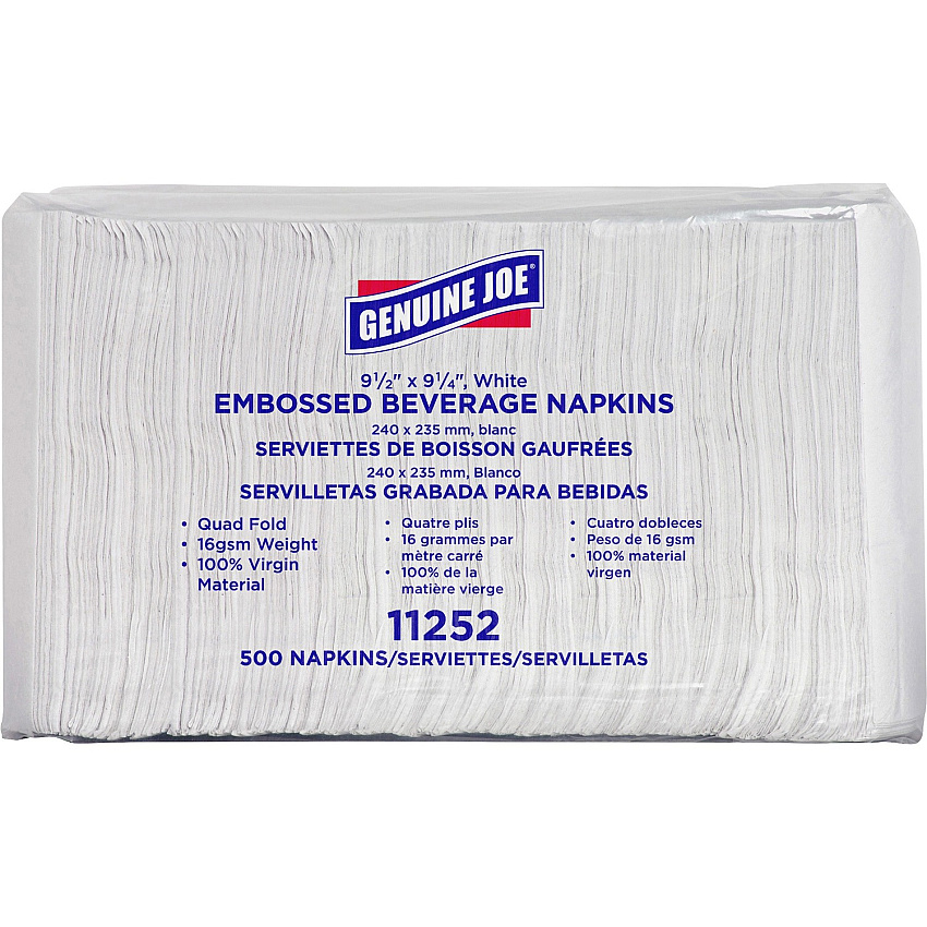 Genuine Joe Quad-fold Square Beverage Napkins 1 Ply - 9.50" Width x 9.50" Length - White - 500/Pack - 8 / Carton (GJO11252)
