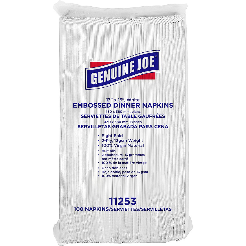 Genuine Joe Embossed Dinner Napkins 2 Ply - 1/8 Fold - 17" Width x 15" Length - White - 100/Pack - 30 / Carton (GJO11253)