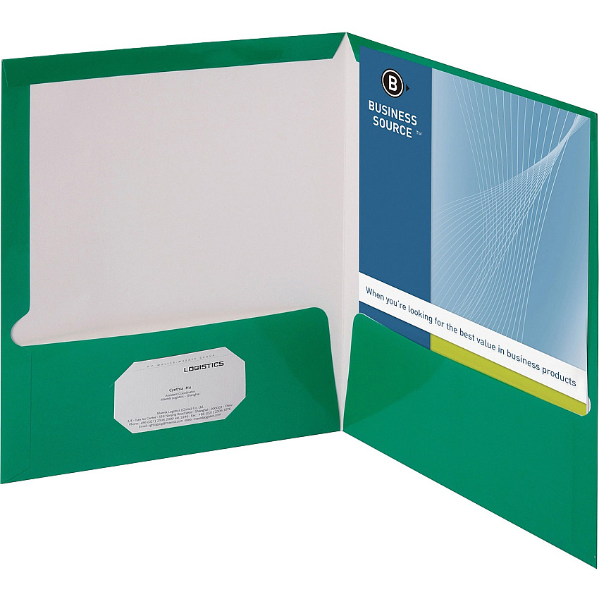 Business Source Letter Pocket Folder 8 1/2" x 11" - 100 Sheets Capacity - 2 Internal Pocket(s) - Card Paper - Green - Durable, Laminated, Die-cut - 25 / Box (BSN44427)