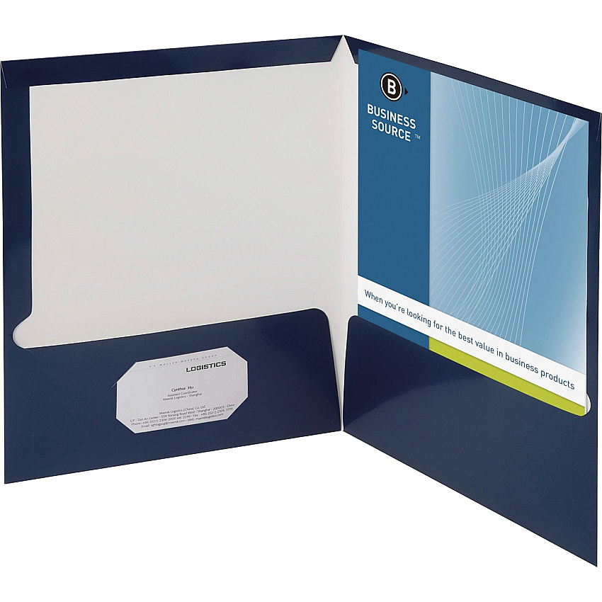 Business Source Letter Pocket Folder 8 1/2" x 11" - 100 Sheets Capacity - 2 Internal Pocket(s) - Card Paper - Navy - Durable, Laminated, Die-cut - 25 / Box (BSN44430)