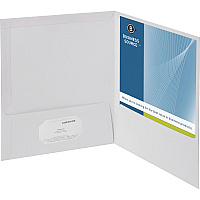 Business Source Letter Pocket Folder 8 1/2" x 11" - 100 Sheets Capacity - 2 Internal Pocket(s) - White - Laminated, Durable, Die-cut - 25 / Box (BSN44424)