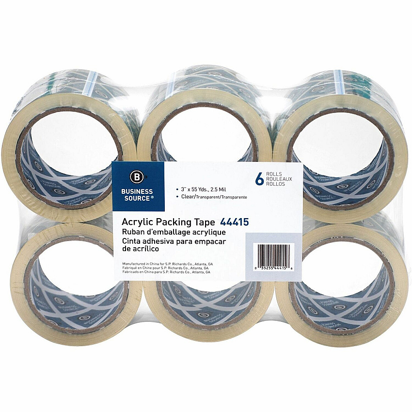 Business Source Acrylic Packing Tape 55 yd Length x 3" Width x 2.5 mil Thickness - 3" Core - Clear - Pressure-sensitive Poly - Acrylic Backing - For Mailing, Shipping, Storing - 6 / Pack (BSN44415)