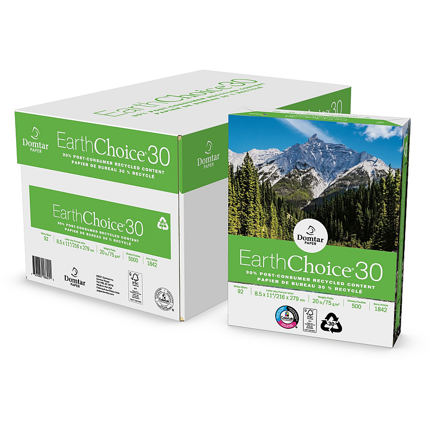 Domtar EarthChoice30 Recycled Office Paper 92 Brightness - 88% Opacity - Letter - 8 1/2" x 11" - 20 lb Basis Weight - ColorLok Technology, Chlorine-free, Acid-free, Jam-free - White - 500 Sheets per Ream - 10 / Carton (1842)