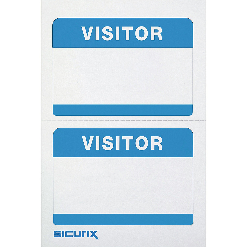 SICURIX Self-adhesive Visitor Badge 3 1/2" Width x 2 1/4" Length - Removable Adhesive - Rectangle - Inkjet, Laser - White, Blue - Self-adhesive, Easy Peel - 2 / Sheet - 100 / Box (67630)