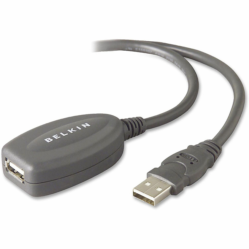 Belkin Active Extension Cable 16 ft USB Data Transfer Cable - First End: 1 x USB 1.1 Type A - Male - Second End: 1 x USB 1.1 Type A - Female - Extension Cable - Gray - 1 Each (F3U13016)