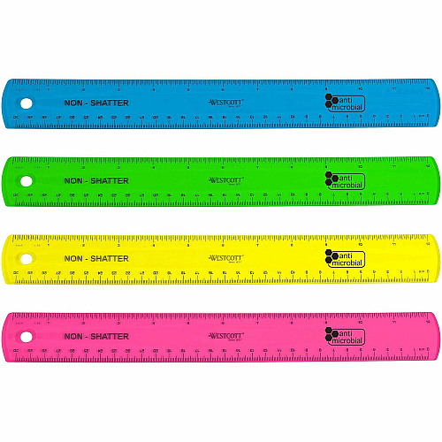 Westcott Shatterproof Ruler 11.8" Length - 1/16 Graduations - Metric Measuring System - Translucent Assorted - 1 Each (14381)