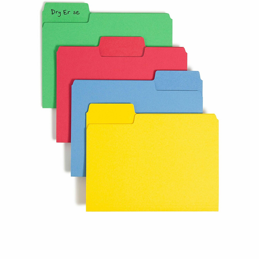 Smead SuperTab 1/3 Tab Cut Letter Recycled Top Tab File Folder 8 1/2" x 11" - Top Tab Location - Assorted Tab Position - 11 pt. - 1 Plys - Blue, Red, Green, Yellow - Durable - 10% Paper Recycled - 24 / Pack (10480)