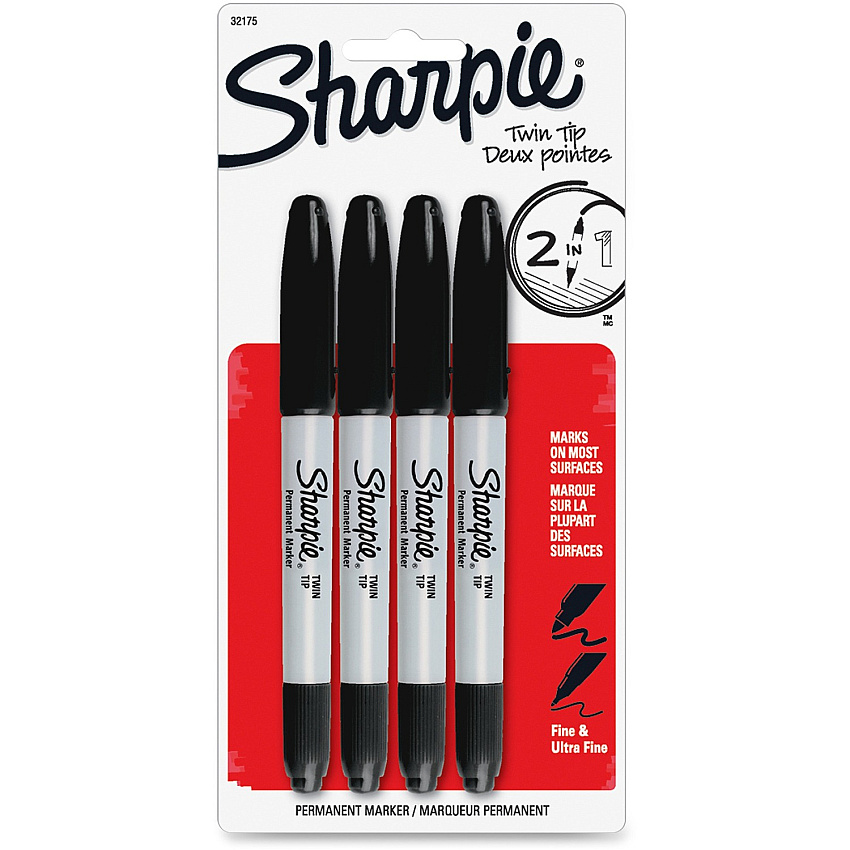 Sharpie Twin Tip Permanent Markers Fine, Ultra Fine Marker Point - Black Ink - Alcohol Based - 4 / Pack (32175PP)
