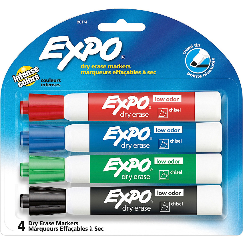 Expo Low Odor Markers Chisel Marker Point - Green, Red, Blue, Black Ink - 4 Set (80174)