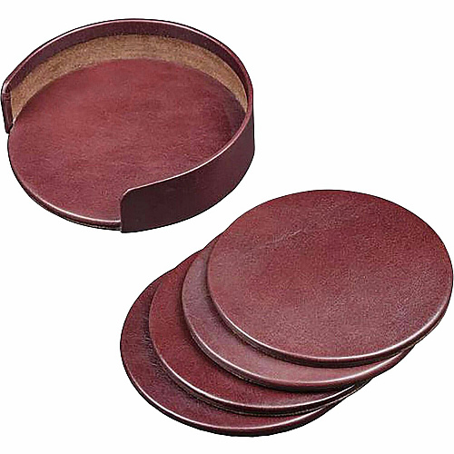Dacasso Leather Coasters - Set of 4 with Holder 4 Coaster of 4" Diameter - Round - Mocha - Top Grain Leather, Felt - 1Each - 1 Each (A3045)