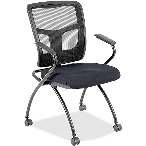 Lorell Mesh Back Nesting Training/Guest Chairs Fuse Azurean Seat Color - Fabric Seat Material - Powder Coated Frame Color - Metal Frame Material - Four-legged Base - Black - Mesh - Armrest - 2 / Carton (LLR8437446)