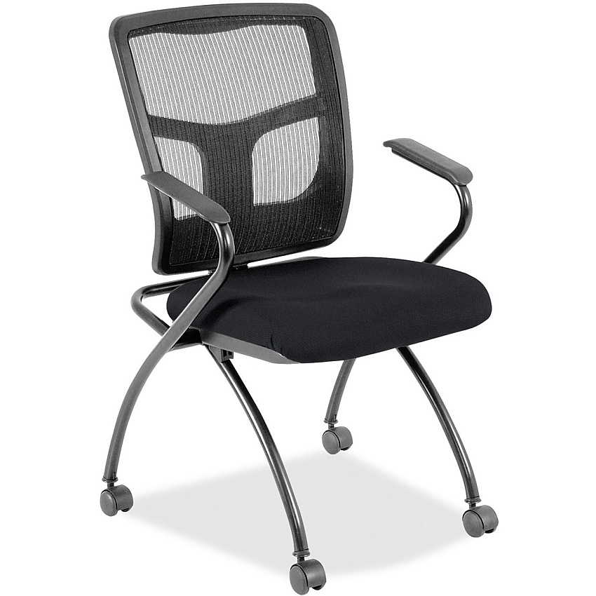 Lorell Mesh Back Nesting Training/Guest Chairs Insight Ebony Seat Color - Fabric Seat Material - Powder Coated Frame Color - Metal Frame Material - Four-legged Base - Black - Mesh - Armrest - 2 / Carton (LLR8437449)