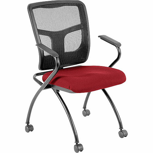 Lorell Mesh Back Fabric Seat Nesting Chairs Real Red Seat Color - Fabric Seat Material - Powder Coated Frame Color - Metal Frame Material - Four-legged Base - Mesh - Armrest - 2 / Carton (LLR8437402)