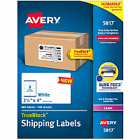 Avery&reg; Printable Shipping Labels, 2.5" x 4" , 800 Labels 2 1/2" Width x 4" Length - Permanent Adhesive - Rectangle - Laser - White - Paper - Durable - 8 / Sheet - 100 Total Sheets - 800 Total Label(s) - 800 / Box (5817)