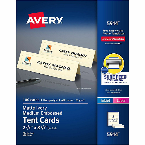 Avery&reg; Sure Feed Embossed Tent Cards 79 Brightness - Letter - 8 1/2" x 11" - 65 lb Basis Weight - 176 g/m² Grammage - Embossed, Matte - Rounded Corner, Heavyweight, Printable, Smooth Edge, Pre-scored, Foldable, Jam-free, Double-sided, Micr (5914)