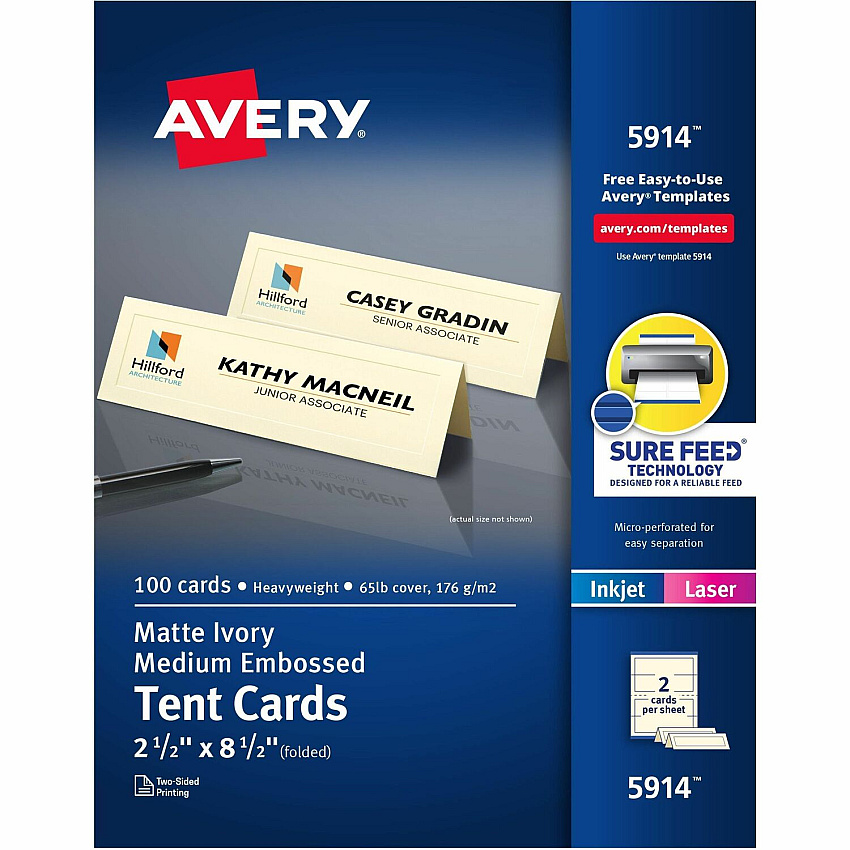 Avery&reg; Sure Feed Embossed Tent Cards 79 Brightness - Letter - 8 1/2" x 11" - 65 lb Basis Weight - 176 g/m² Grammage - Embossed, Matte - Rounded Corner, Heavyweight, Printable, Smooth Edge, Pre-scored, Foldable, Jam-free, Double-sided, Micr (5914)