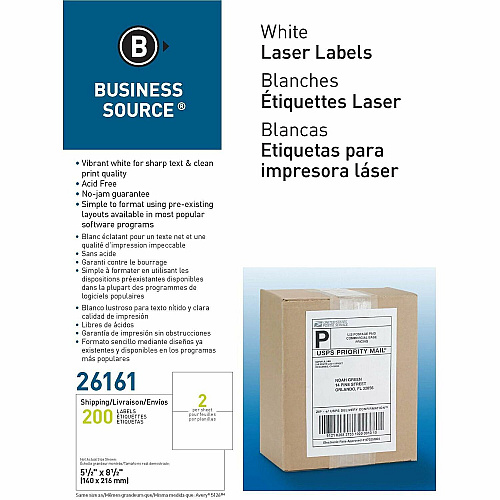 Business Source Shipping Labels 5 1/2" Width x 8 1/2" Length - Permanent Adhesive - Rectangle - Laser, Inkjet - White - Lignin-free, Jam-free, Smudge Resistant - 2 / Sheet - 100 Total Sheets - 200 / Box (BSN26161)