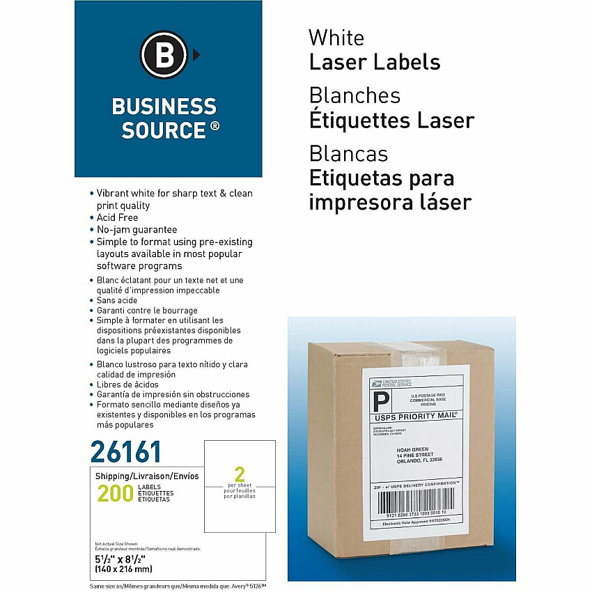 Business Source Shipping Labels 5 1/2" Width x 8 1/2" Length - Permanent Adhesive - Rectangle - Laser, Inkjet - White - Lignin-free, Jam-free, Smudge Resistant - 2 / Sheet - 100 Total Sheets - 200 / Box (BSN26161)