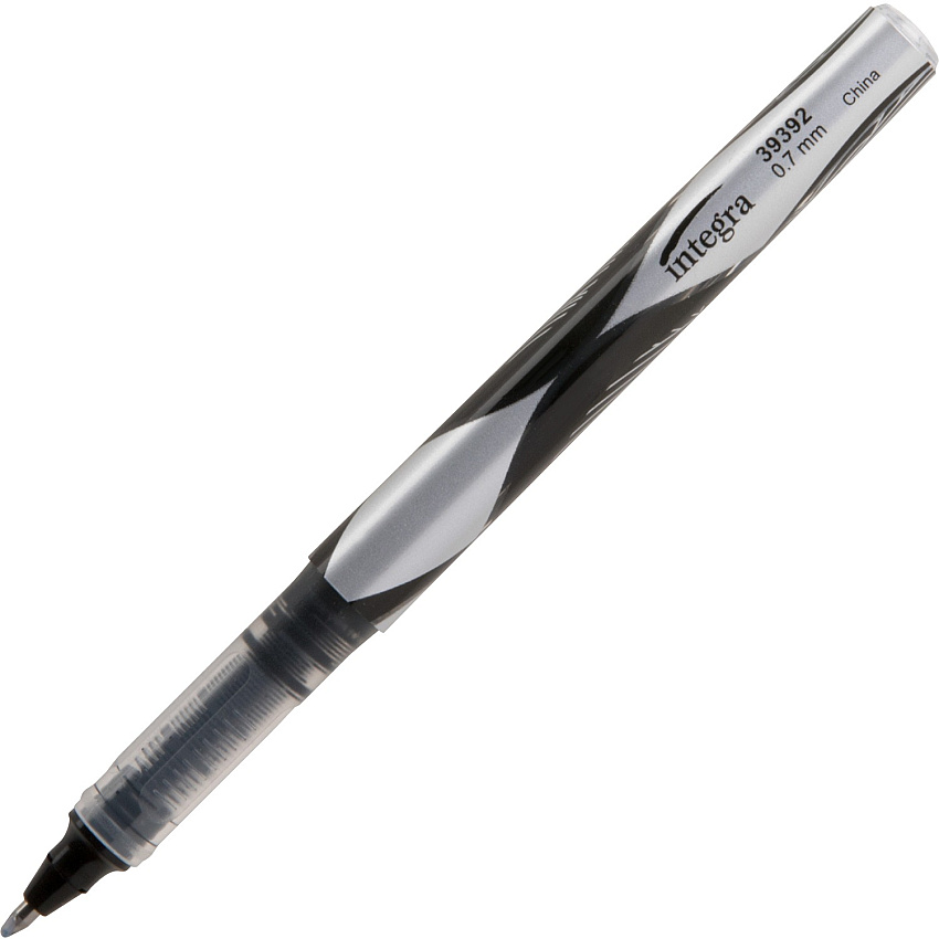 Integra Liquid Ink Rollerball Pens 0.7 mm Fine Pen Point - Black Ink - Black Barrel - Metal Tip - 1 Dozen (39392)