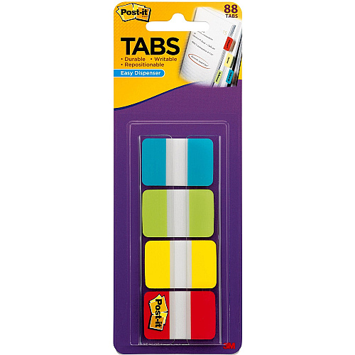 Post-it&reg; Tabs in On-the-Go Dispenser 88 Write-on Tab(s) - 1.50" Tab Height x 1" Tab Width - Blue, Green, Yellow, Red Tab(s) - Repositionable - 88 / Pack (686ALYR1IN)