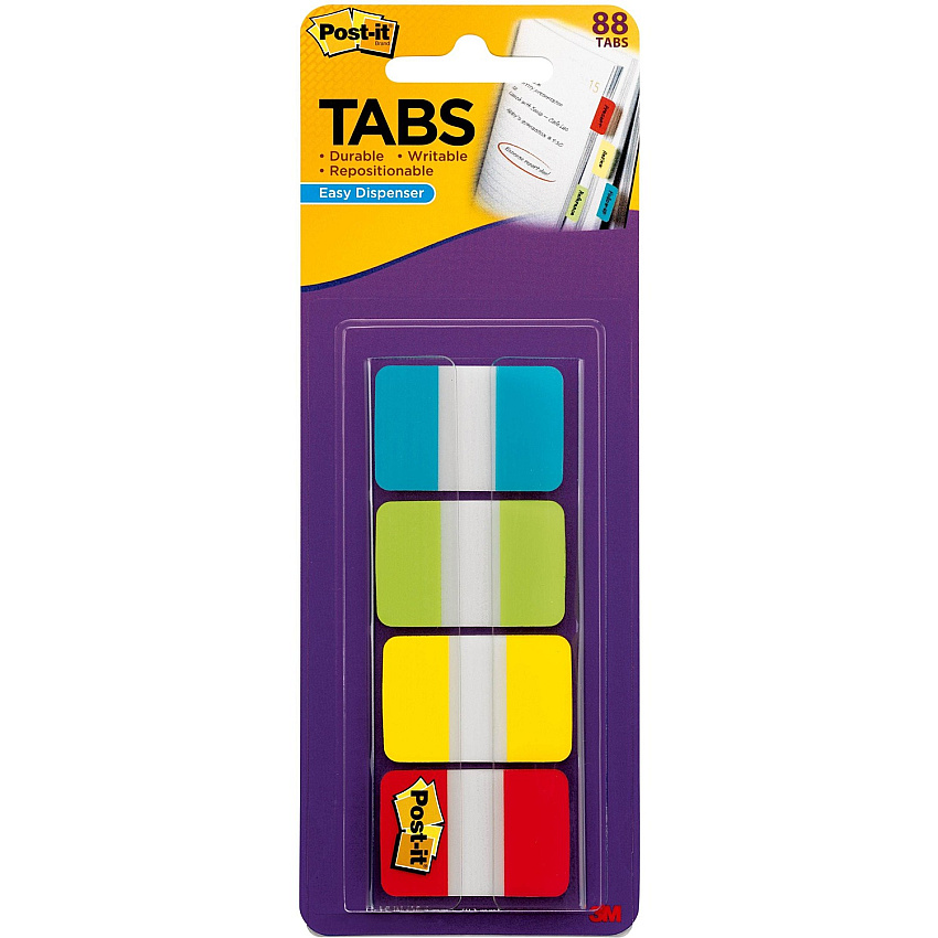Post-it&reg; Tabs in On-the-Go Dispenser 88 Write-on Tab(s) - 1.50" Tab Height x 1" Tab Width - Blue, Green, Yellow, Red Tab(s) - Repositionable - 88 / Pack (686ALYR1IN)