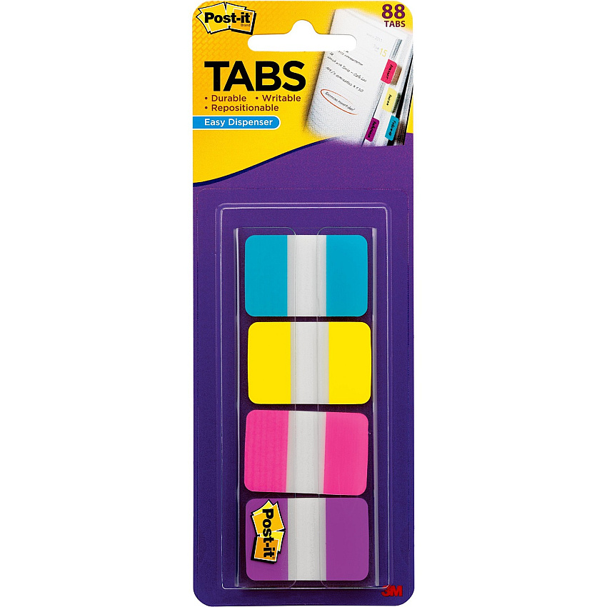 Post-it&reg; Tabs 88 Write-on Tab(s) - 1.50" Tab Height x 1" Tab Width - Blue, Yellow, Pink, Purple Tab(s) - Repositionable - 88 / Pack (686AYPV1IN)