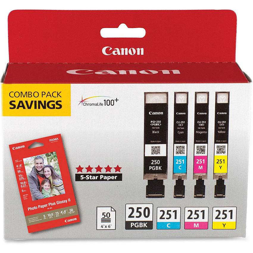 Canon PGI-250/CLI-251 Original Ink Cartridge/Paper Kit Inkjet - Pigment Black, Cyan, Magenta, Yellow - 4 / Pack (250BKCLI251)