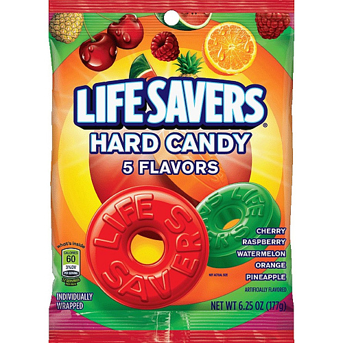 Wrigley LifeSavers 5 Flavors Hard Candies Cherry, Raspberry, Watermelon, Orange, Pineapple - Individually Wrapped - 6.25 oz - 1 Bag (08501)