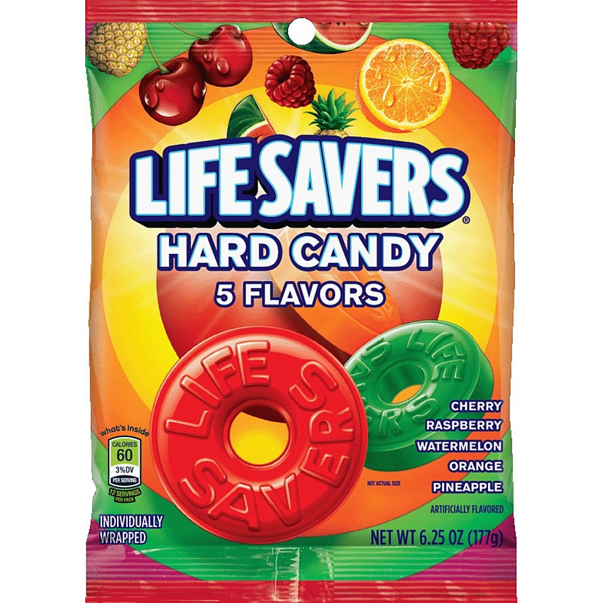 Wrigley LifeSavers 5 Flavors Hard Candies Cherry, Raspberry, Watermelon, Orange, Pineapple - Individually Wrapped - 6.25 oz - 1 Bag (08501)